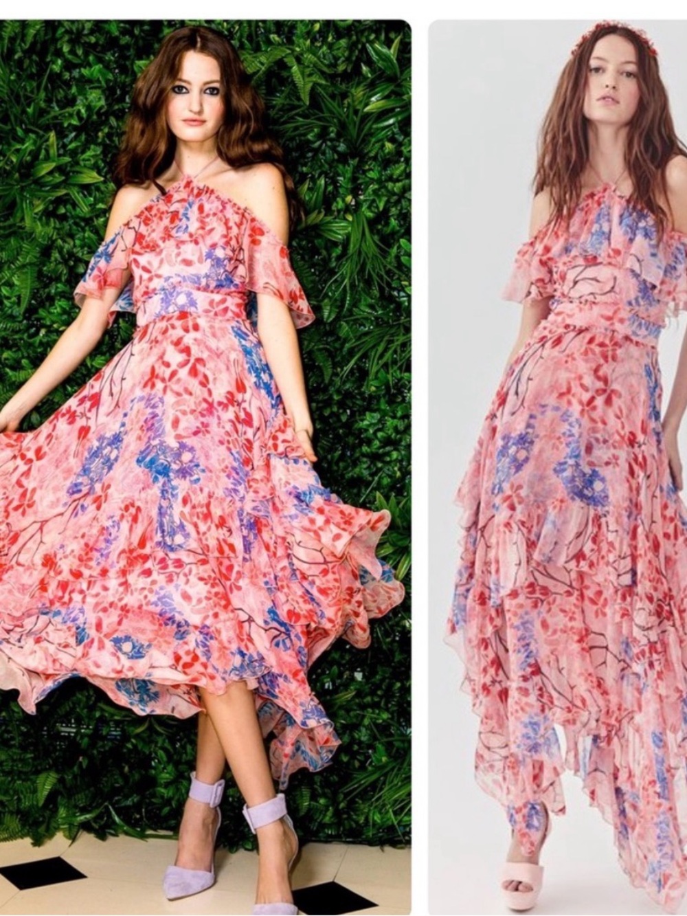 Alice + Olivia Pink Floral High-Low Ruffle Maxi Dress